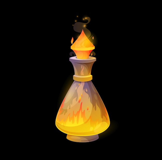 Bouteille De Potion En Verre Avec Feu, Flammes Orange Faisant Rage Dans Le Flacon. élixir Magique De Vecteur, épeler Avec Des Langues D'éclaboussure De Flamme. élément De Dessin Animé Pour La Conception D'interface Utilisateur De Jeu Magique. Actif De Sorcière Isolé Sur Fond Noir