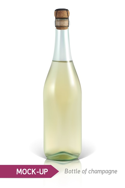 bouteille réaliste de champagne sur fond blanc avec reflet et ombre. Modèle d'étiquette.