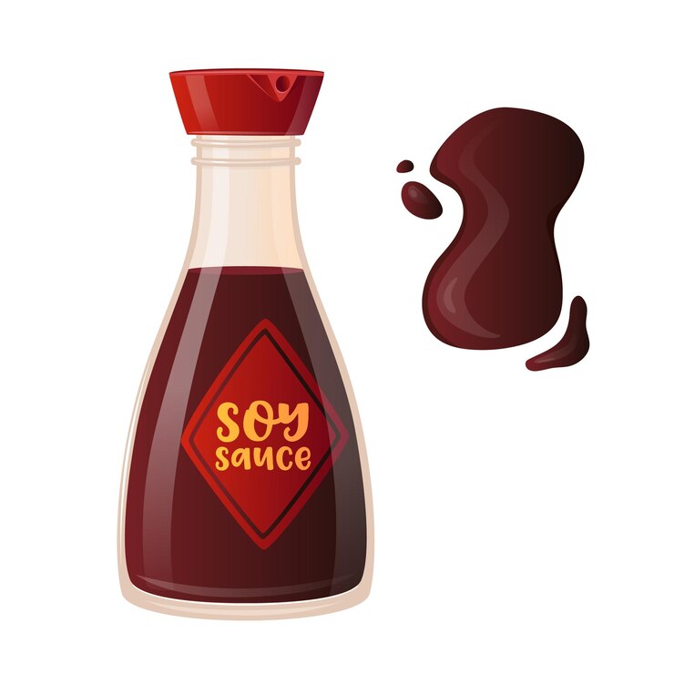Vecteur bouteille réaliste de sauce soja avec étiquette et bande ou tache renversée