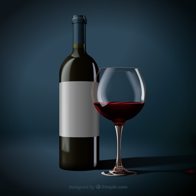 Vecteur bouteille réaliste et verre de vin rouge