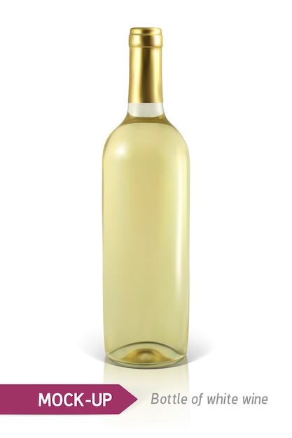 Vecteur bouteille réaliste de vin blanc sur fond blanc avec reflet et ombre. modèle d'étiquette de vin.