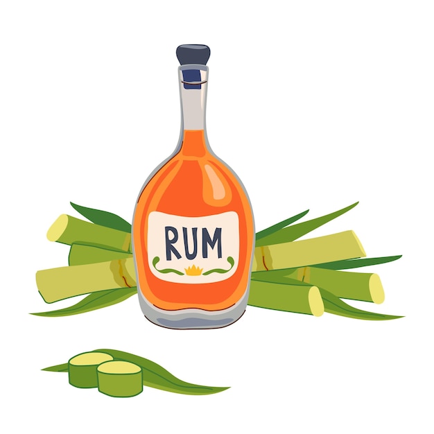Bouteille de rhum avec canne à sucre Vector Boisson alcoolisée et ingrédient de cuisine en style plat