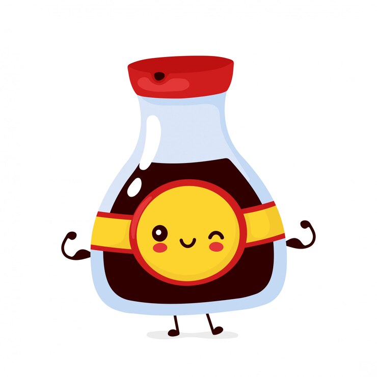 Vecteur bouteille de sauce soja drôle mignon mignon montrer le muscle. conception d'icône illustration de personnage de dessin animé.