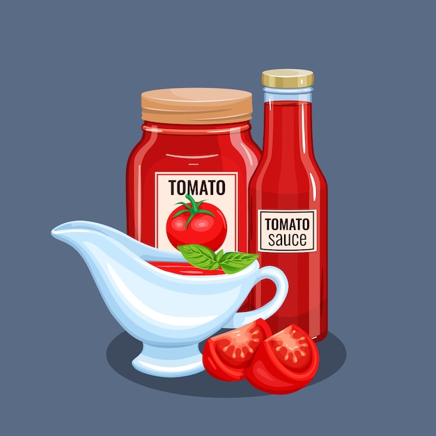 Vecteur bouteille de sauce tomate et soucoupes.