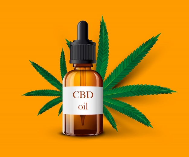 Bouteille en verre d'huile de CBD réaliste, feuille de cannabis