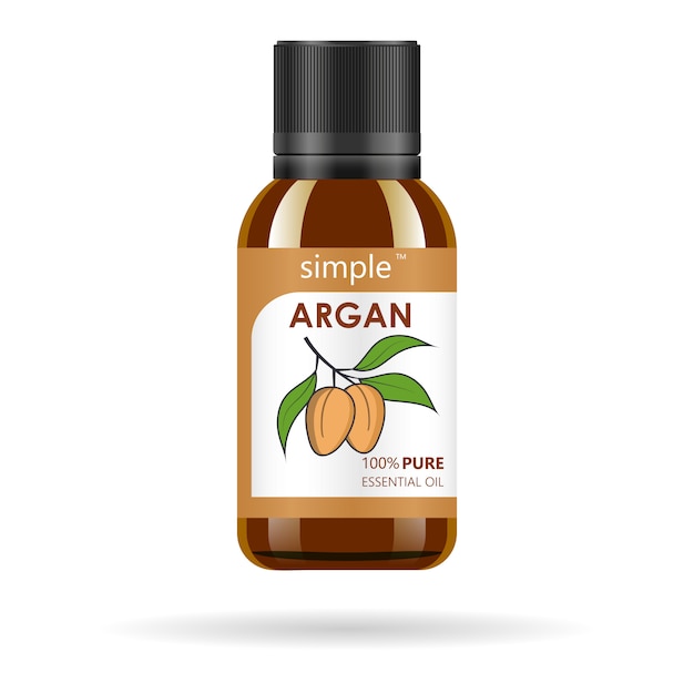 Bouteille en verre marron réaliste avec extrait d'argan. Huile de beauté et cosmétique - argan. Modèle d'étiquette et de logo de produit. Illustration isolée.