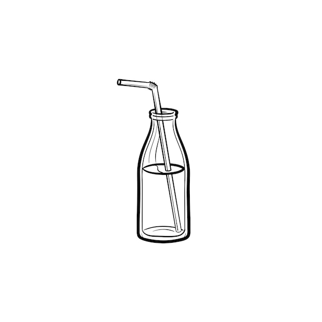 Bouteille En Verre De Milk-shake Avec Icône De Doodle Contour Dessiné à La Main De Paille. Emportez L'illustration De Croquis De Vecteur De Milkshake Pour L'impression, Le Web, Le Mobile Et L'infographie Isolés Sur Fond Blanc.