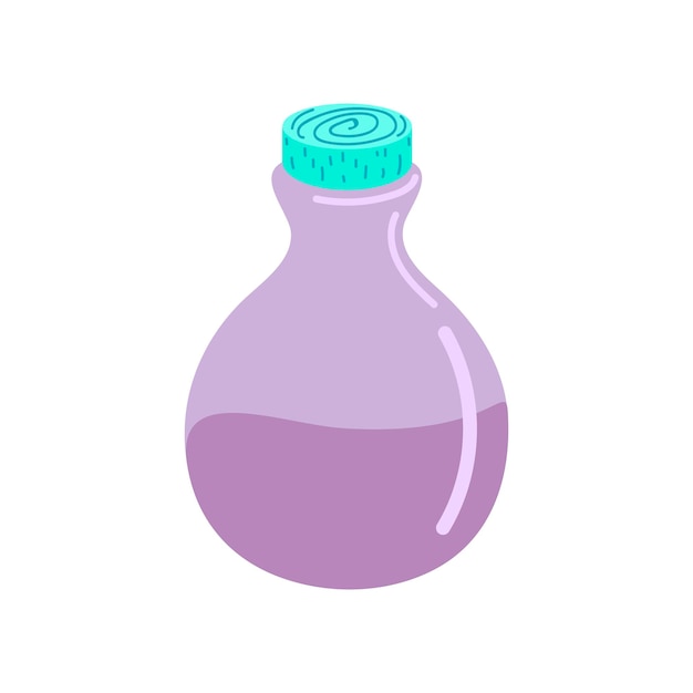 Une bouteille en verre avec une potion magique. Une potion magique. Élixir. Illustration vectorielle plane. Conception pour Halloween, cartes d'invitation, cartes de voeux, impression. Jolie petite bouteille de potion de sorcière.Vector