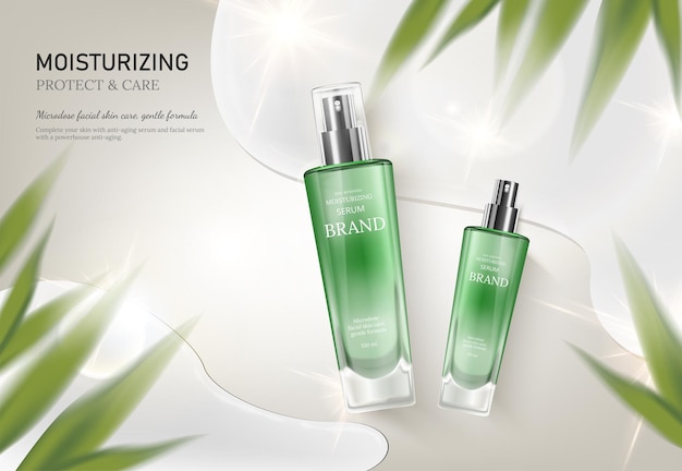 Bouteille en verre de soin de la peau douce feuilles vertes publicités cosmétiques produit de bouteille de pompe allongé sur fond de surface de l'eau dans l'angle de vue de dessus avec des gouttes d'eau et des feuilles
