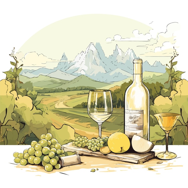 Vecteur bouteille de vin blanc et aquarelle de paysage conception d'illustration vectorielle