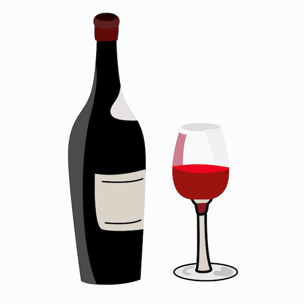 Bouteille de vin noir et verre isolé sur fond blanc Illustration vectorielle plane
