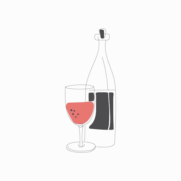 Une bouteille de vin avec un verre Art linéaire noir sur fond blanc art minimal dessiné à la main