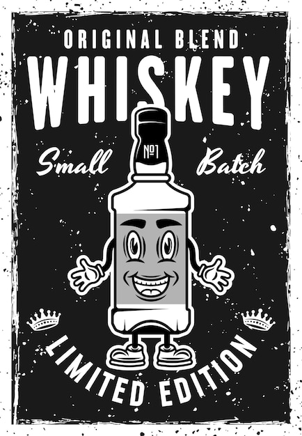 Bouteille de whisky modèle d'affiche noire vintage mascotte de dessin animé illustration vectorielle de personnage souriant texture et texte grunge en couches séparées