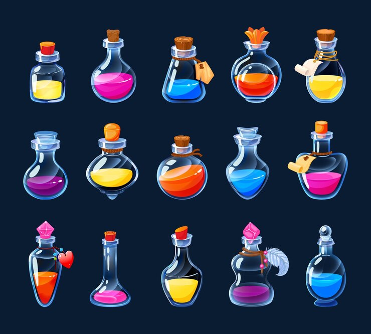 Vecteur bouteilles d'alchimie de dessin animé potion magique et jeu d'élixir d'amour icônes de l'interface utilisateur du jeu poison coloré et antidote dans divers flacons et fioles ensemble de potions d'alchimiste de l'interface graphique vectorielle