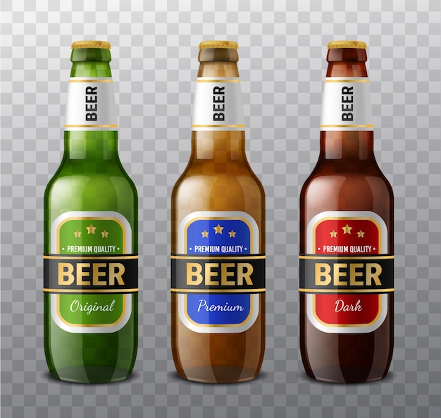 Bouteilles de bière réalistes de différentes couleurs. Contenants de boissons en verre 3D pour bière claire et foncée, conceptions de bouteilles d'alcool vertes et brunes, modèles d'étiquettes, ensemble isolé de vecteurs de maquette de promotion de produits