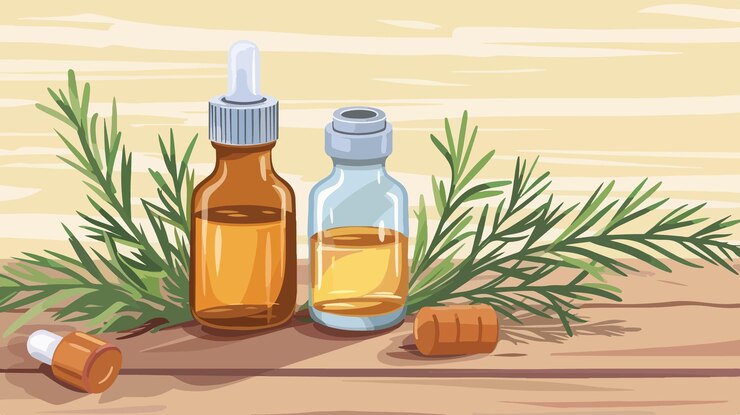Vecteur des bouteilles et des brindilles d'huile essentielle aromatique de genévrier sur une table en bois