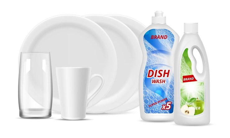 Vecteur bouteilles de détergent liquide. nettoyez la vaisselle, le verre, la tasse. assiettes blanches réalistes de vecteur, détergent d'emballage. lave-vaisselle de cuisine pour illustration d'ustensiles, d'hygiène et de vaisselle