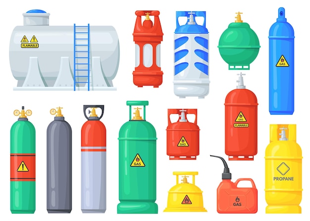 Vecteur bouteilles de gaz de dessin animé réservoir en métal de bouteille d'oxygène sous pression avec carburant inflammable industriel bouteille de gpl réservoirs de propane butan bidon dangereux pour le stockage illustration vectorielle soignée