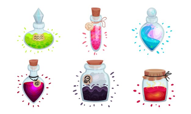Vecteur bouteilles et jarres de verre avec potion bouchées avec bouchon de bouteille et couvercle vectoriel