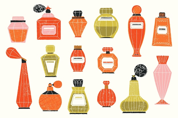 Vecteur bouteilles de parfum de dessins animés, flacons de verre dessinés à la main avec pulvérisateurs, récipients cosmétiques avec arôme de parfum pour femmes, ensemble isolé vectoriel