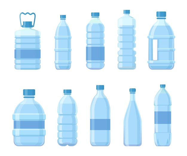 Bouteilles en plastique de dessin animé avec de l'eau. Emballages de boissons, contenants en PET pour boissons, jus ou sodas. Emballage bleu pour l'ensemble de vecteurs d'eau minérale. Illustration contenant de l'eau ou une bouteille en plastique avec du liquide