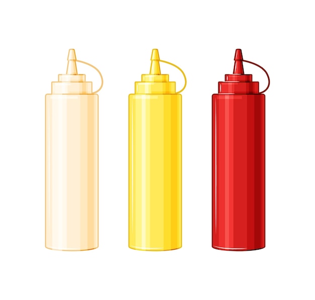 Bouteilles En Plastique Avec Mayonnaise, Ketchup, Moutarde. Sauces Pour La Nourriture Sur Un Fond Blanc Isolé. Illustration Vectorielle.