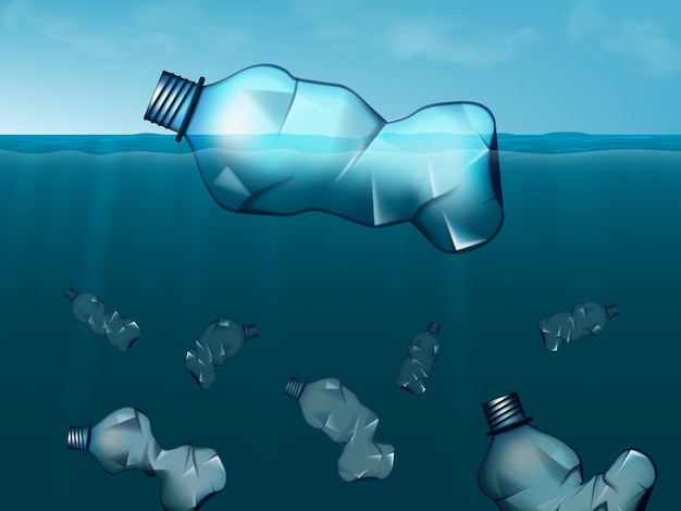 Des bouteilles en plastique s'enfoncent dans les déchets marins