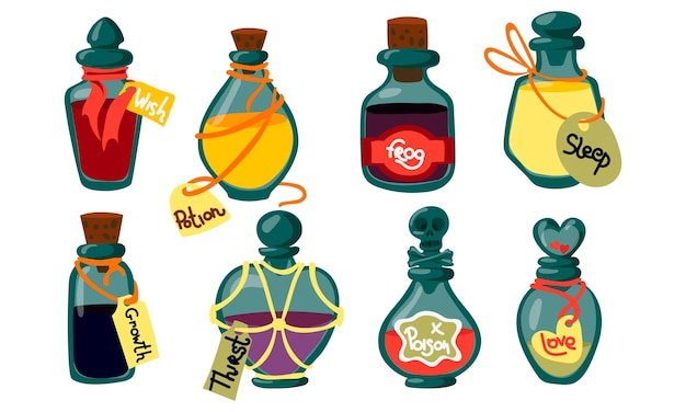 Des bouteilles de potion avec de l'élixir magique et des étiquettes des flacons de verre de dessins animés avec des poisons de sorcière inconnus