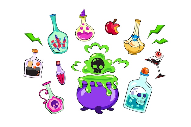 Vecteur bouteilles de potion d'halloween et collection de chaudrons