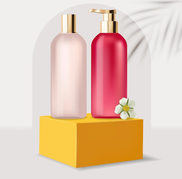 Bouteilles roses cosmétiques. Emballage réaliste en or pour sérum, crème, shampoing, tonique, revitalisant