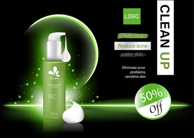 Vecteur bouteilles de soins de la peau isolées sur fond vert foncé annonces premium pour le marketing de site web