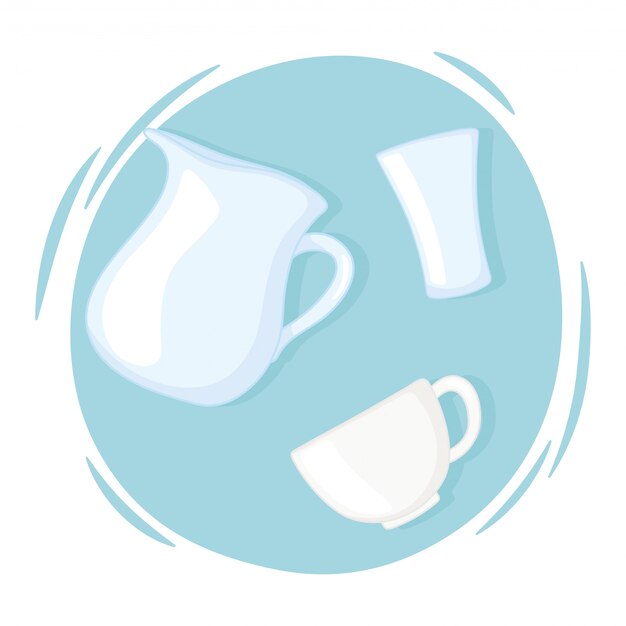 Vecteur bouteilles de tasses en plastique ou en verre, tasse à café pichet et icônes en verre vector illustration