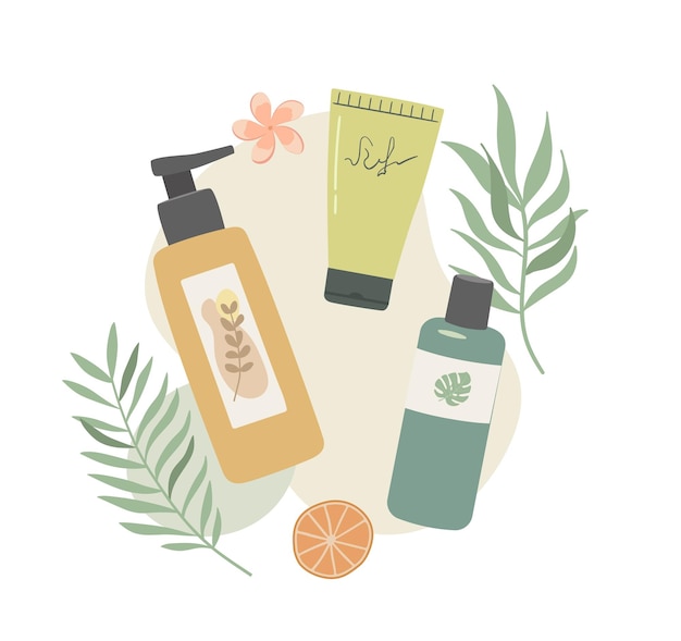 Vecteur bouteilles et tubes illustration vectorielle cosmétique naturelle. lotion shampoing crème aux herbes et feuilles
