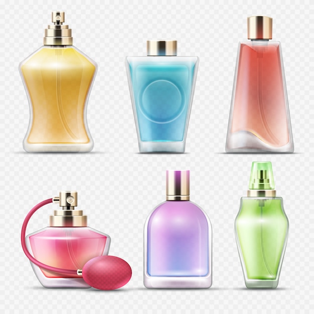 Vecteur bouteilles en verre de cadeau de parfum isolés sur fond transparent illustration