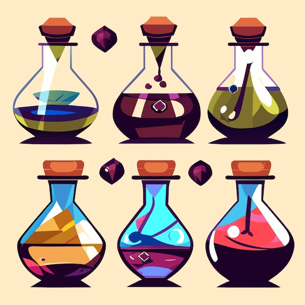 Vecteur bouteilles en verre avec élixir magique ou jeu de potion vecteur de dessin animé flacon avec médecine fantastique