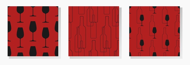 Bouteilles Et Verres De Vin Noir Sur Fond Rouge Collection De Motifs Vectoriels Sans Soudure