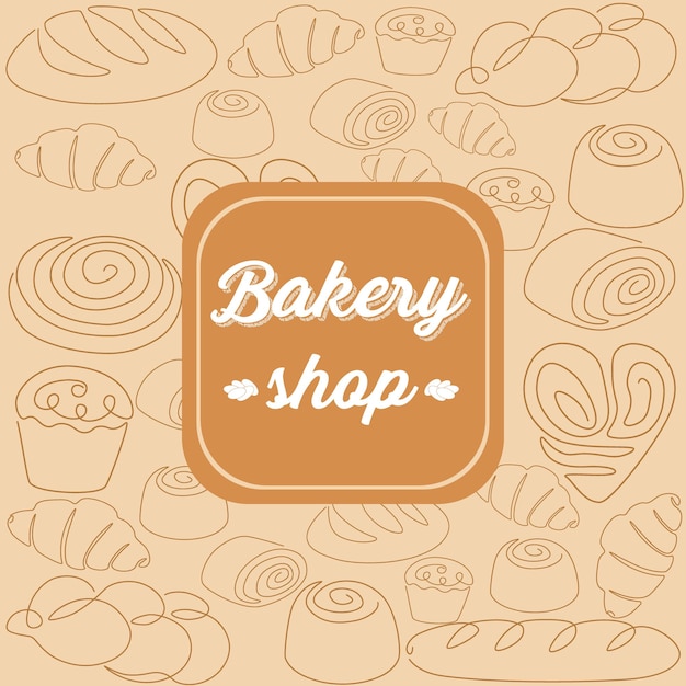 Vecteur boutique de boulangerie conception du logo emblème ou conception de l'emballage dessin de ligne continue dessinée à la main pain et baguette doodle roll de cannelle et croissant logo alimentaire vintage illustration isolée vectorielle