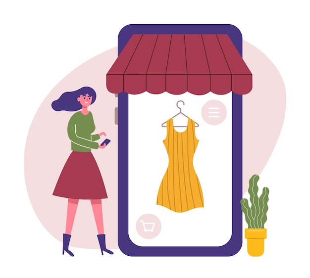 Vecteur boutique en ligne achetant un paiement mobile femme utilisant un smartphone pour commander des vêtements écran de téléphone avec boutique vendant une robe