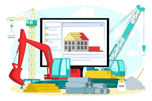 Boutique en ligne de matériel, illustration vectorielle. Équipement professionnel plat pour la construction, boutique en ligne avec outils et matériel de l'industrie.