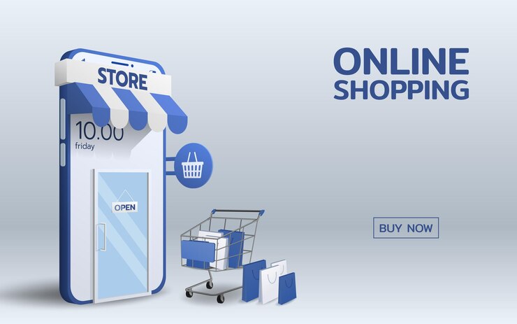 Vecteur boutique en ligne sur smartphone mobile avec une pile de sac à provisions et un panneau dit ouvert accroché à une porte en verre. commerce mondial reliant le concept de technologie d'entreprise.