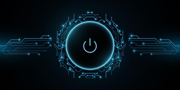 Bouton d'alimentation futuriste avec circuit imprimé d'ordinateur.