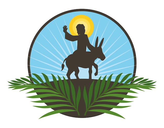 Vecteur bouton avec des branches de palmier et des silhouettes de jésus à cheval sur un âne pour le dimanche des rameaux