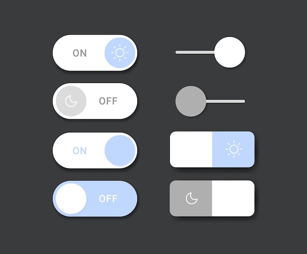 Vecteur bouton gris et bleu mobile neumorphism toggle basculer vers l'ensemble d'illustrations du kit d'interface utilisateur dessin vectoriel