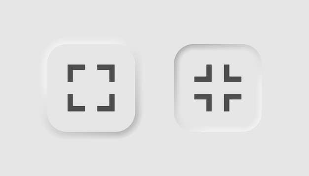 Bouton plein écran dans le style neumorphisme Icônes pour l'interface utilisateur blanche UX Développer le symbole de la fenêtre Forme carrée avec des flèches diminuer Style neumorphique Illustration vectorielle