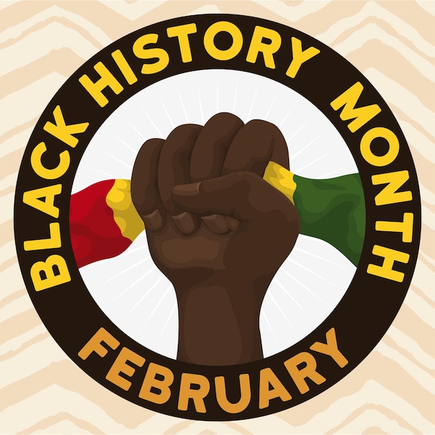 Vecteur bouton avec poing et drapeau annonçant le mois de l'histoire noire en février