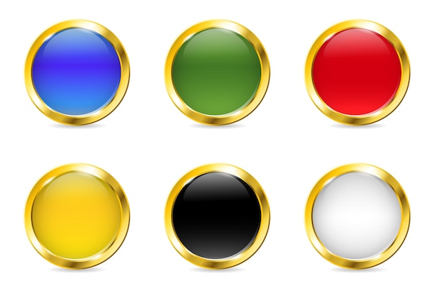 Bouton Rond Réaliste Avec Cadre Doré Insigne Brillant Bleu Rouge Jaune Vert Noir Et Blanc