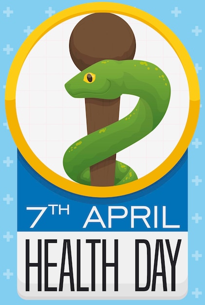 Vecteur bouton avec serpent d'asclépie et bâton à l'intérieur calendrier avec date et croix pour la journée de la santé