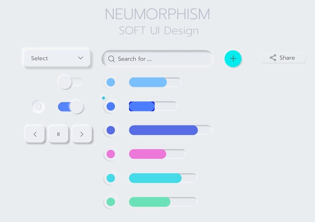 Boutons 3D de conception d'interface utilisateur douce de neumorphisme 3D