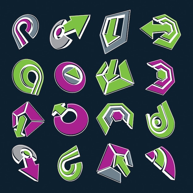 Boutons d'application vectoriels dimensionnels verts et violets. Collection de flèches, d'icônes de direction et de différents symboles graphiques d'entreprise.