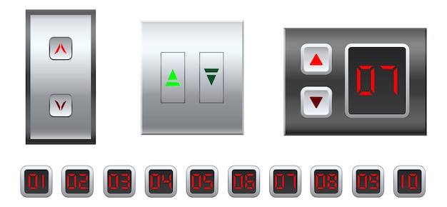 Boutons d'ascenseur réalistes Transport sur scène Numéros brillants de navigation Panneau de commande Niveaux mobiles Couloir du bâtiment en acier inoxydable Intérieur du hall Ensemble d'éléments vectoriels isolés